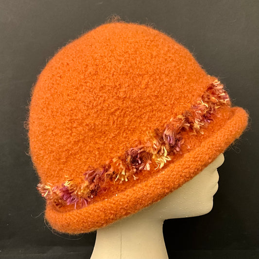 Hand Felted Wool Hat in Orange w Fringe Band