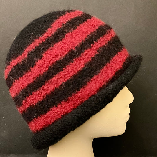 Hand Felted Wool Hat in Black and Red  Stripes