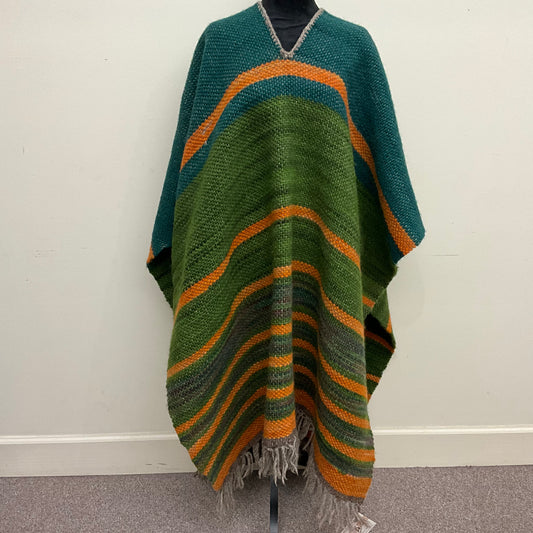 Hand Dyed, Handwoven Wool Poncho PN118 Greens & Orange