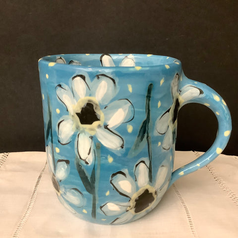 Mug Deep Turquoise with White Daisies, Roxanne Locy, Canton, NY
