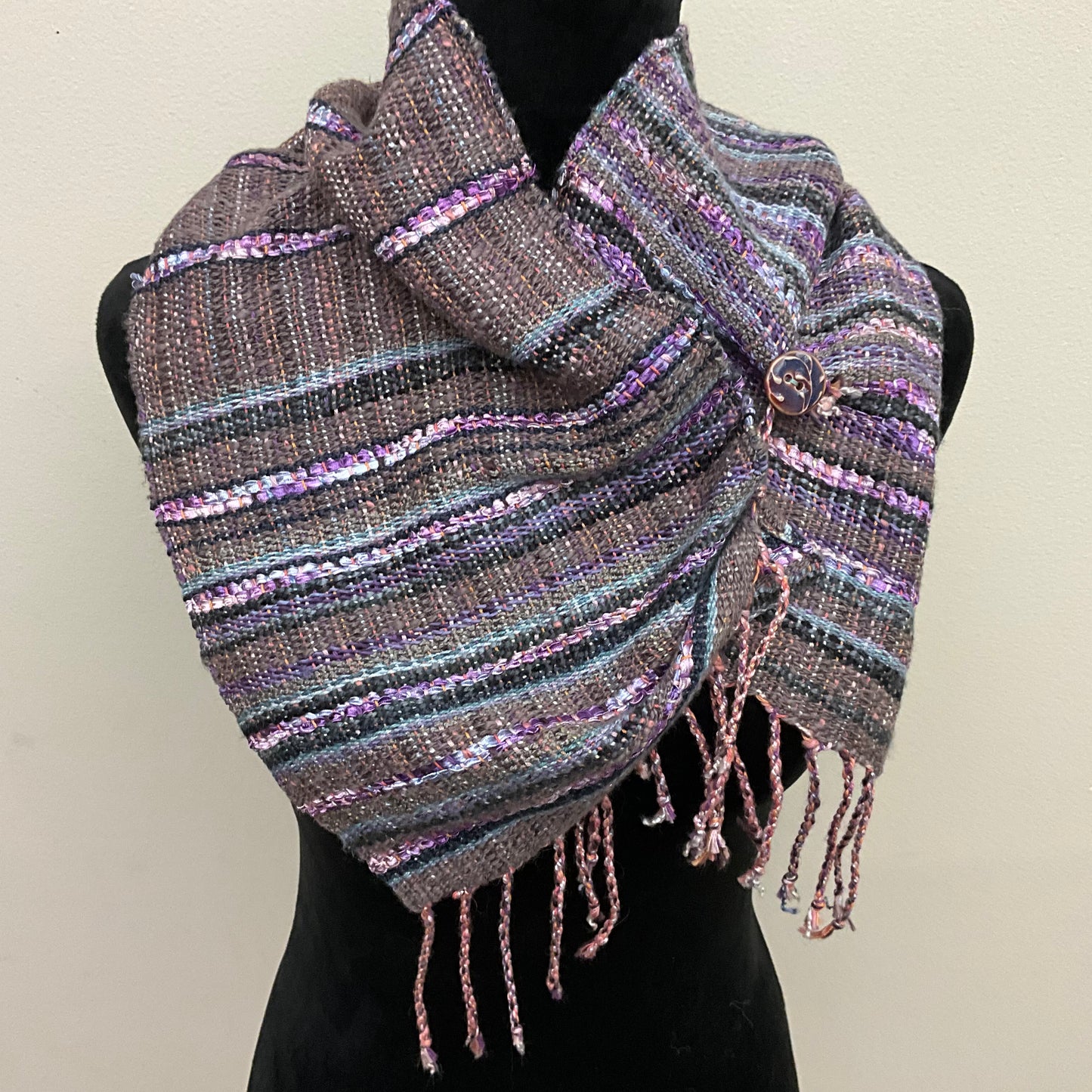 Handwoven “Dorothy” Button Scarf D104 in Gray Purple
