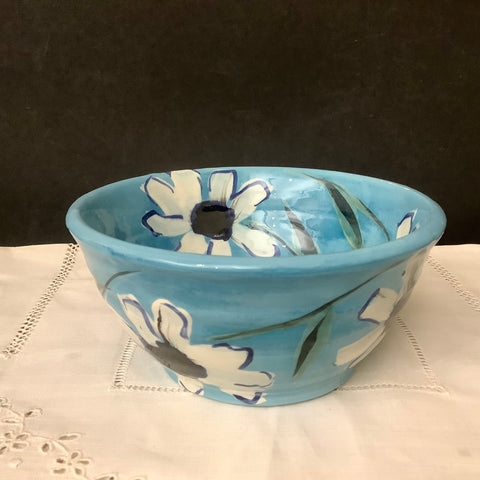Turquoise Bowl with White Flowers