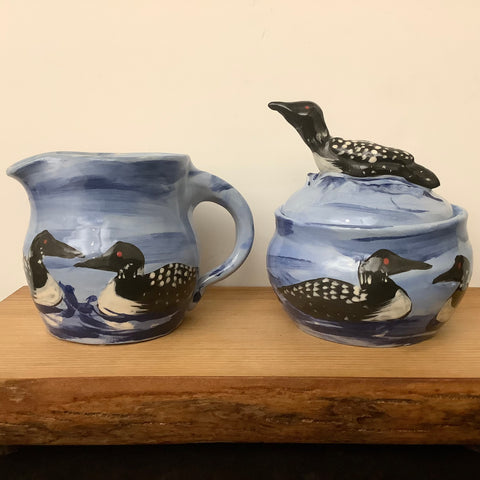 Loon Sugar and Creamer Set with Loon Finial, Roxanne Locy, Canton, NY