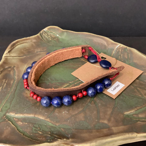 Leather Bracelet with Lapis & Wood Beads