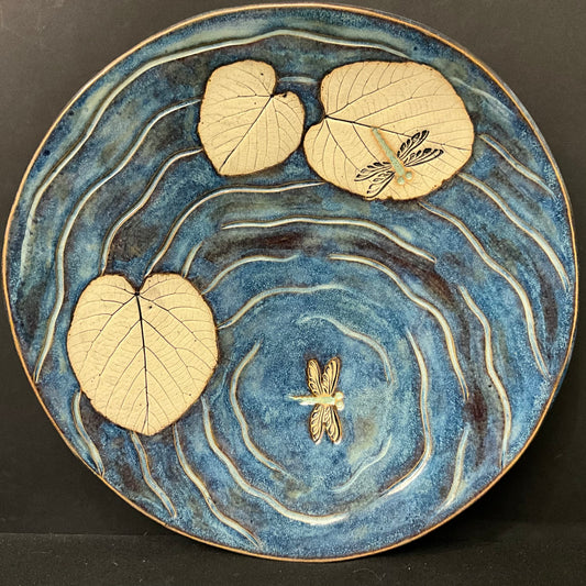 Large Blue Green Bowl w Dragonflies and Lily Pads