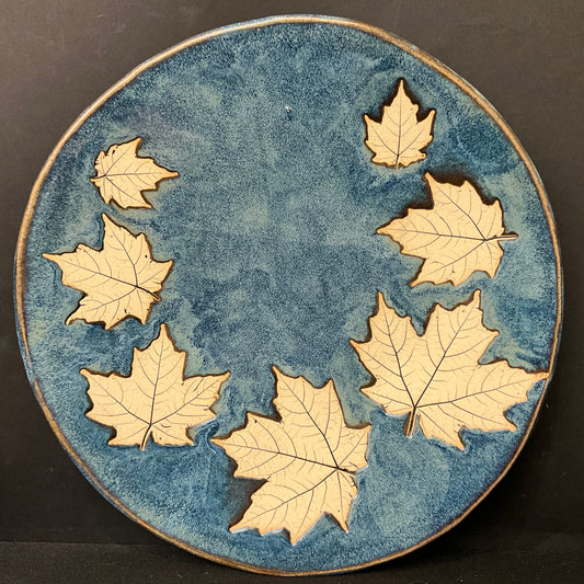 Large Blue Green Bowl w Maple Leaves