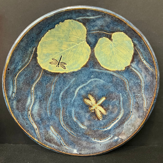 Blue Green Bowl w Dragonflies and Green Lily Pads