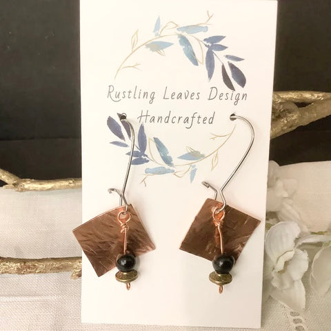 Small Hammered Copper Square on Point Earrings with Black Bead