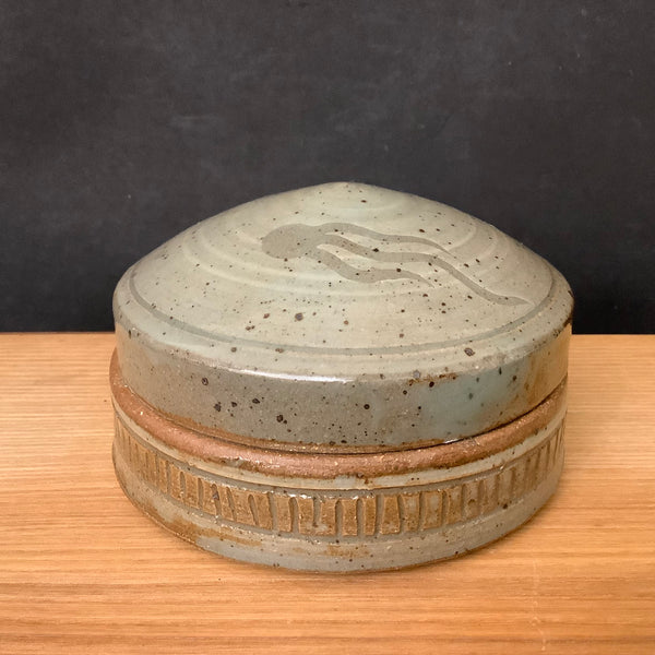 Lidded Dish Gray Green with Rust Touches