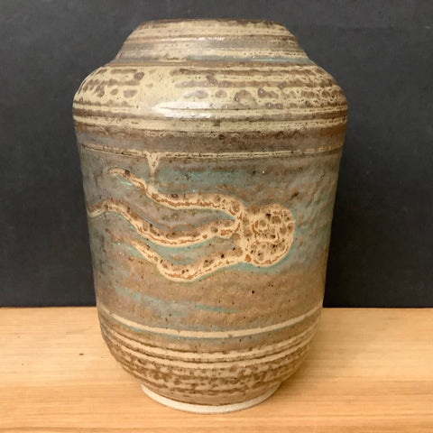 Stoneware Vase Green Brown with Carved Design