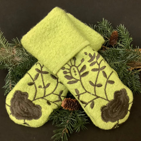 “Upcycled" Sweater Mittens Lime Green with Charcoal Embroidery, Tina Charbonneau, Lake Placid, NY