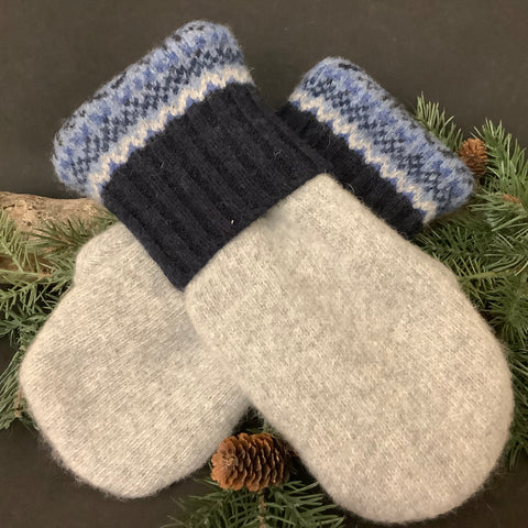 “Upcycled" Sweater Mittens Pale Gray with Navy Cuff