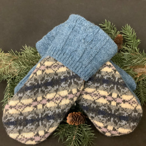 “Upcycled" Sweater Mittens Blue, Lavender, Gray
