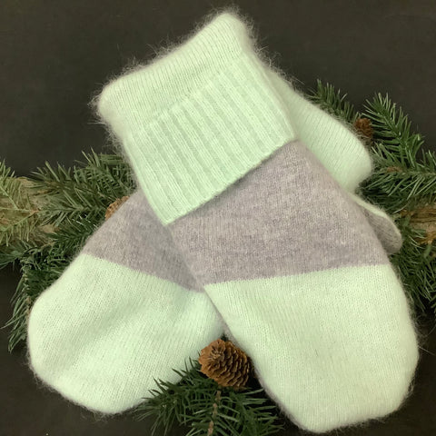 “Upcycled" Sweater Mittens Mint & Pale Gray