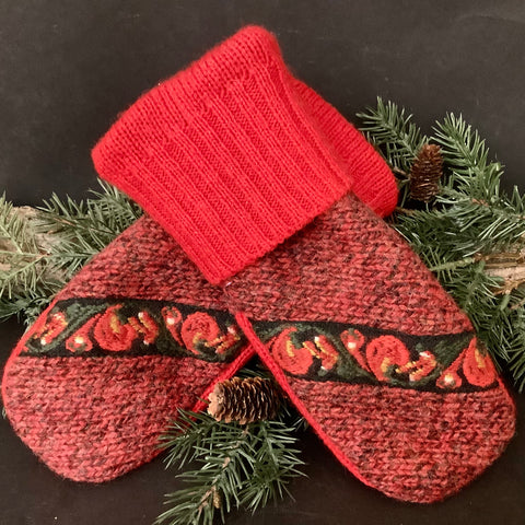 “Upcycled" Sweater Mittens Reds & Embroidered Band
