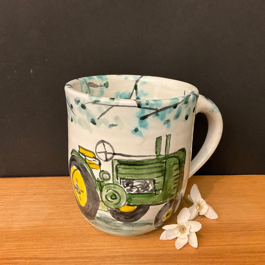 White Mug with Green Farm Tractor