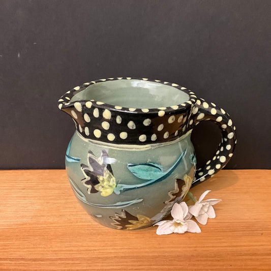 Small Pitcher Green with Black Polka Dot Rim