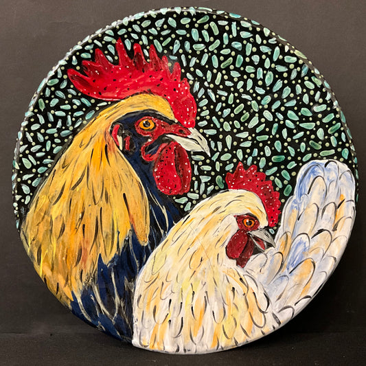 Round Platter with Rooster & Hen