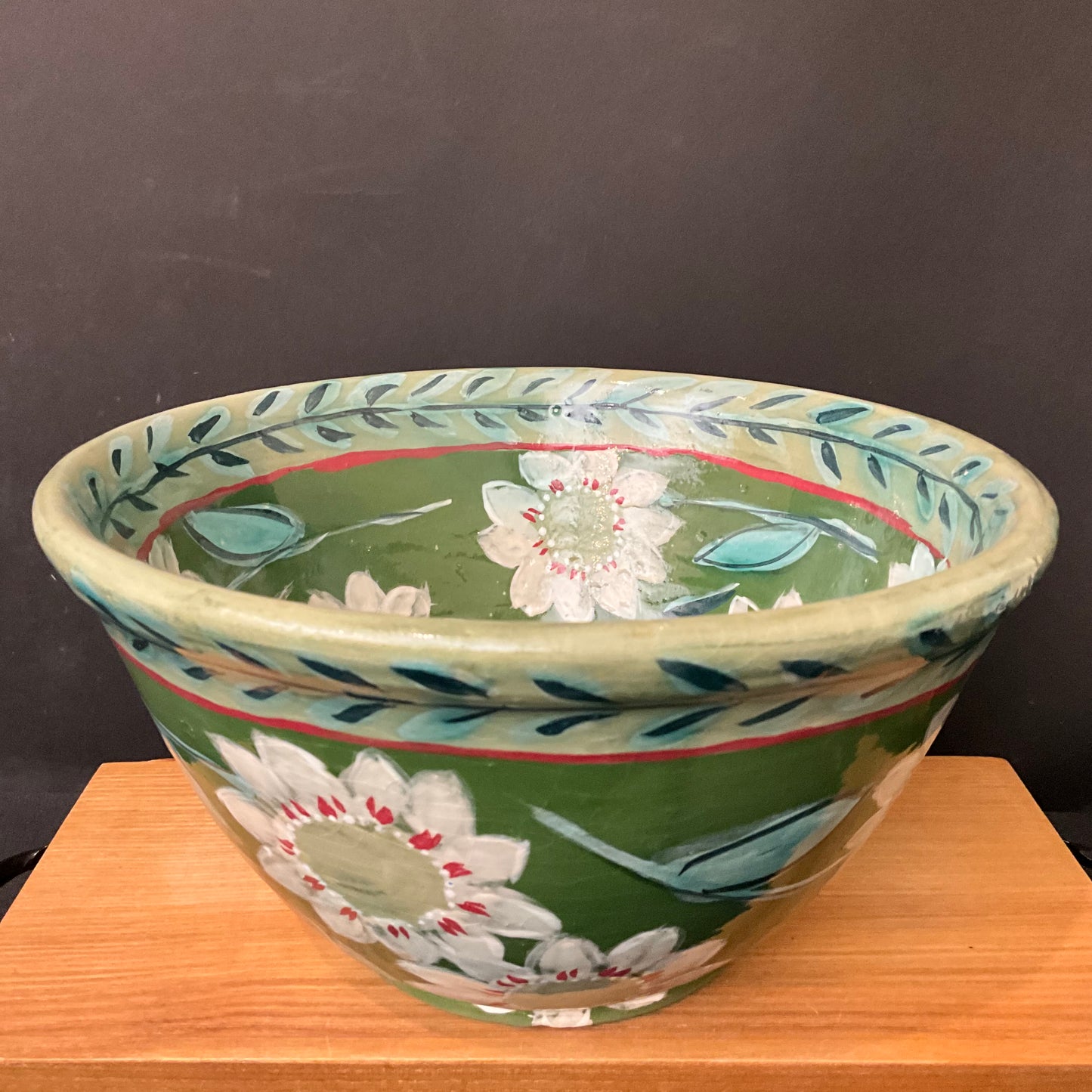 Large Deep Green Bowl with White Flowers