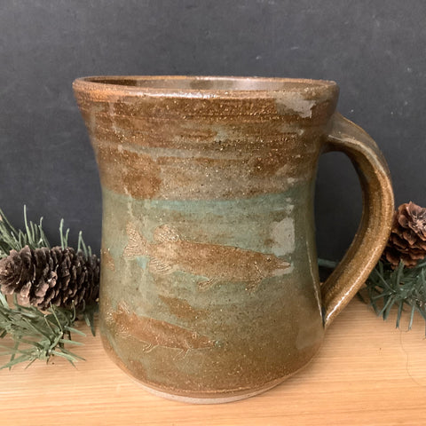 Stoneware Mug Brown/Aqua with Fish Pattern