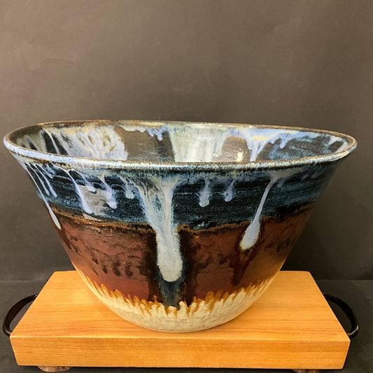 Deep Serving Bowl in Blues, Brown & Ivory