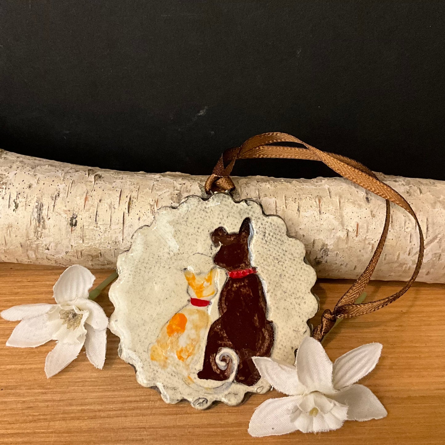 Small Ceramic Ornament Orange Cat & Brown Dog