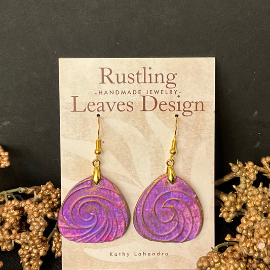 Purple/Pink Teardrop Earrings w Copper Swirl Overlay