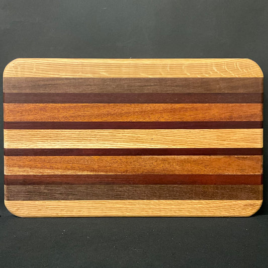 Inlaid Wood Cutting Board with Feet, mixed hardwoods