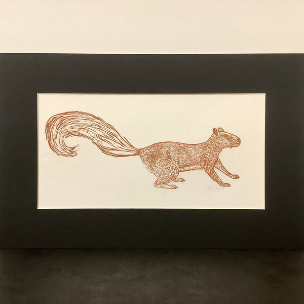 “Paused Squirrel” Rubber Block Print Sepia with Mat