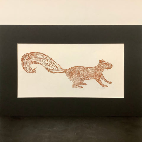 “Paused Squirrel” Rubber Block Print Sepia with Mat