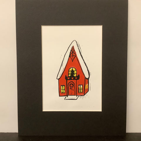 “Winter Cottage” Red, Block Print with Black Mat