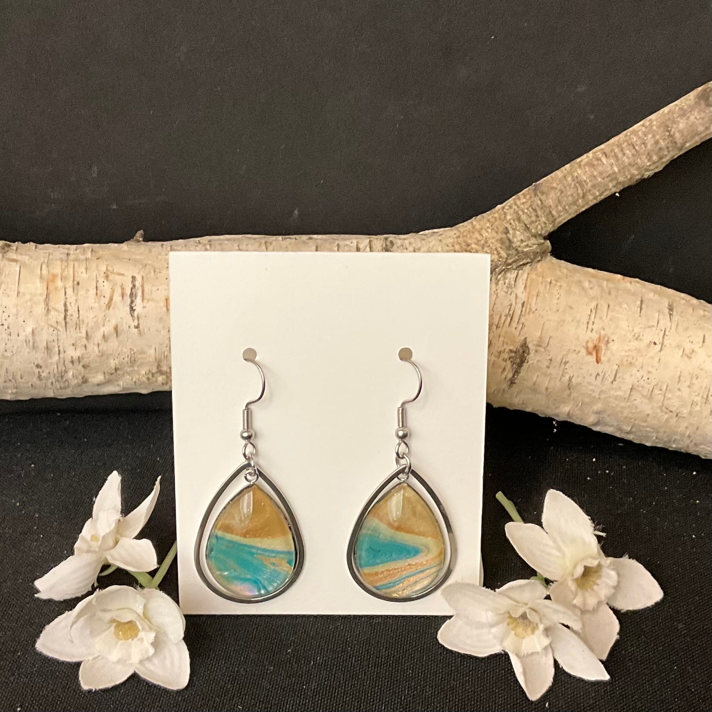 Silver Earrings Large Gold and Teal Teardrop
