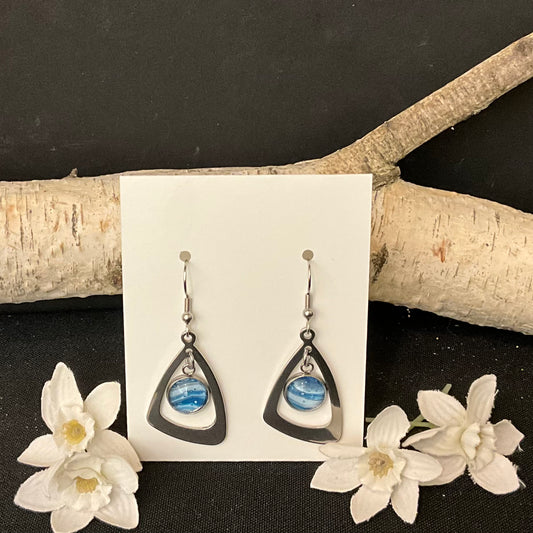 Silver Earrings Blue Disc in Trapezoid