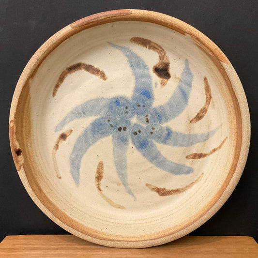 Tan Serving Dish with Blue Spin Design
