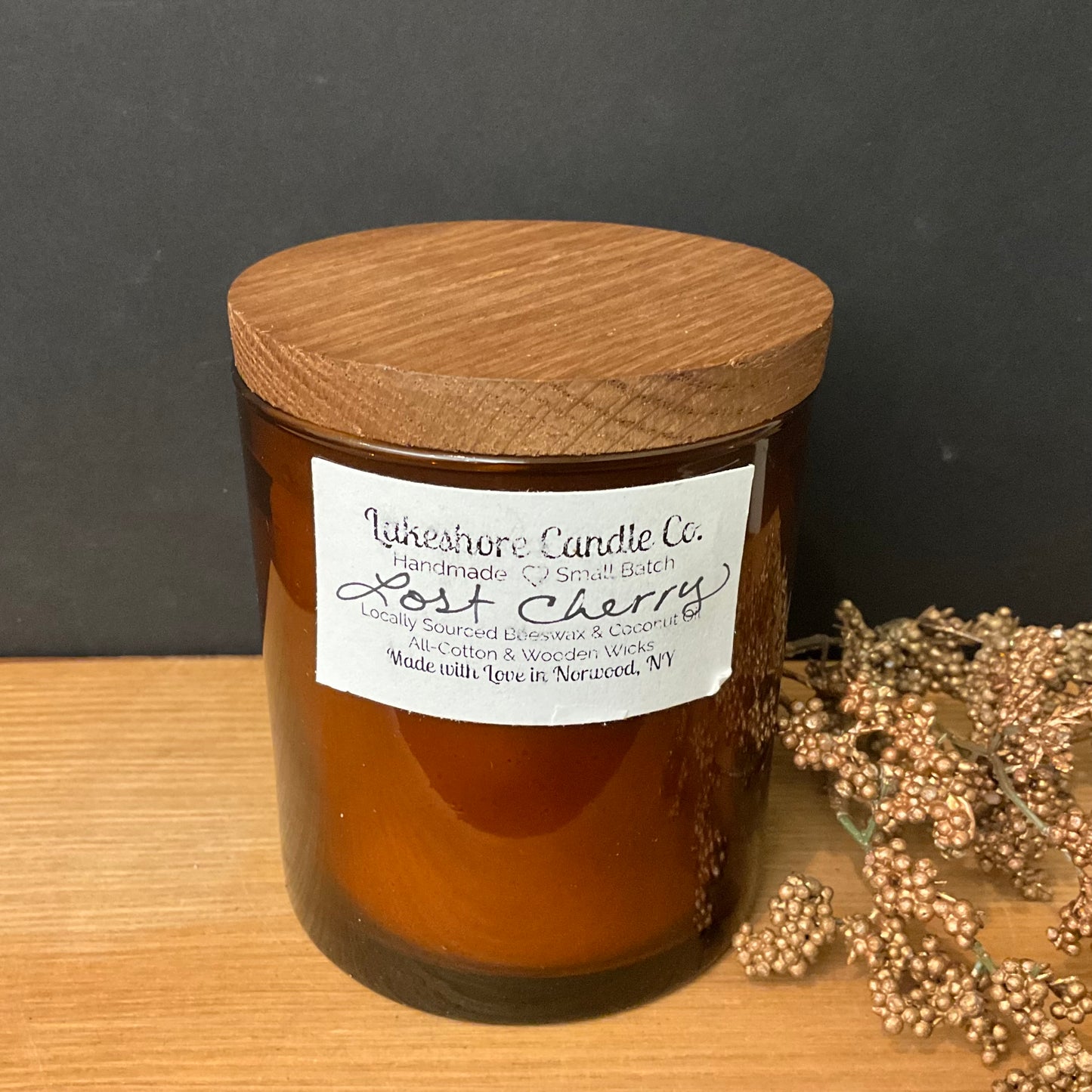 Lost Cherry Wood Lidded Beeswax Candle 8oz