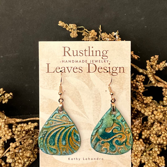 Teardrop Earrings in Greens and Gold Embossed Design