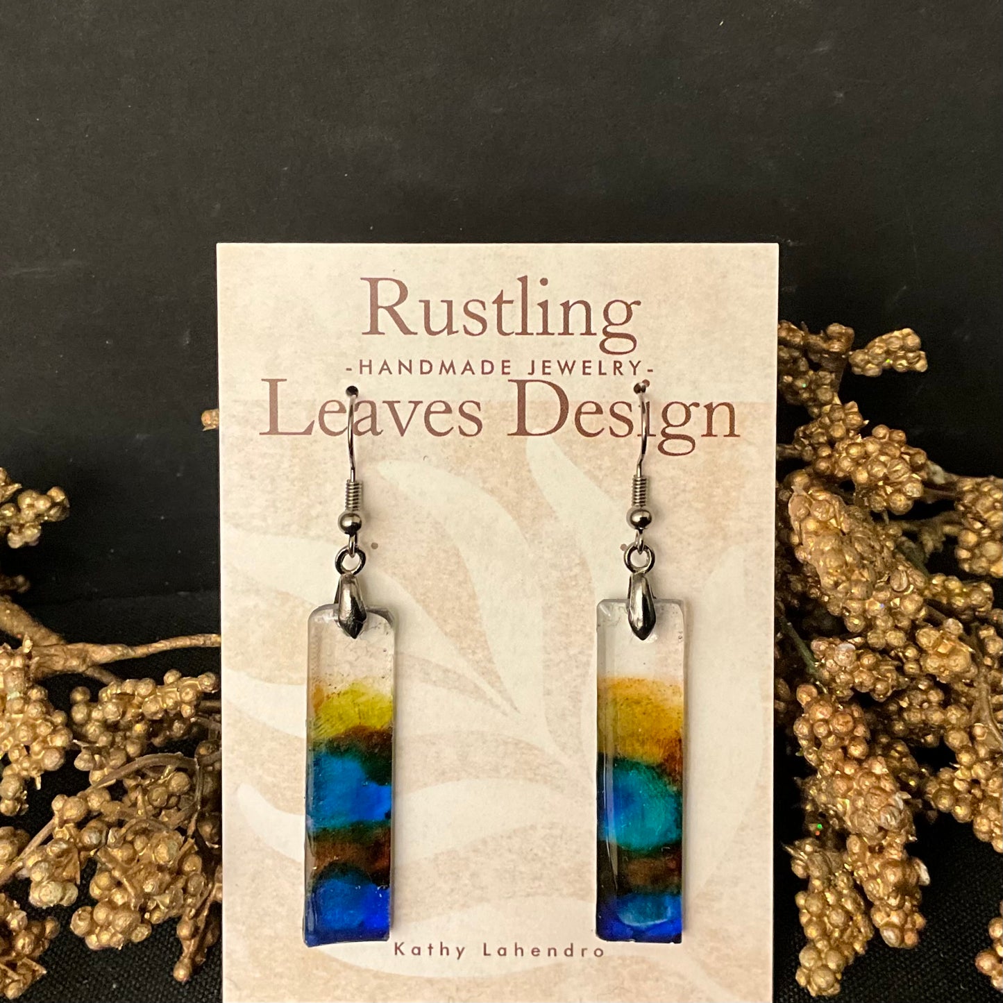 Long Thin Rectangle Blue Brown Earrings