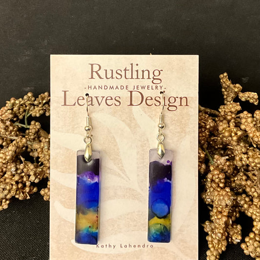 Long Thin Rectangle Blue Gold Green Earrings