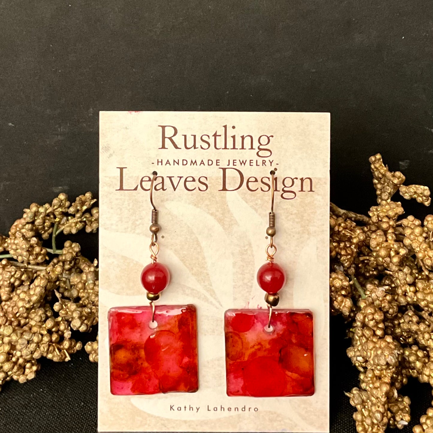 Orange Pink Square Earrings with Bead