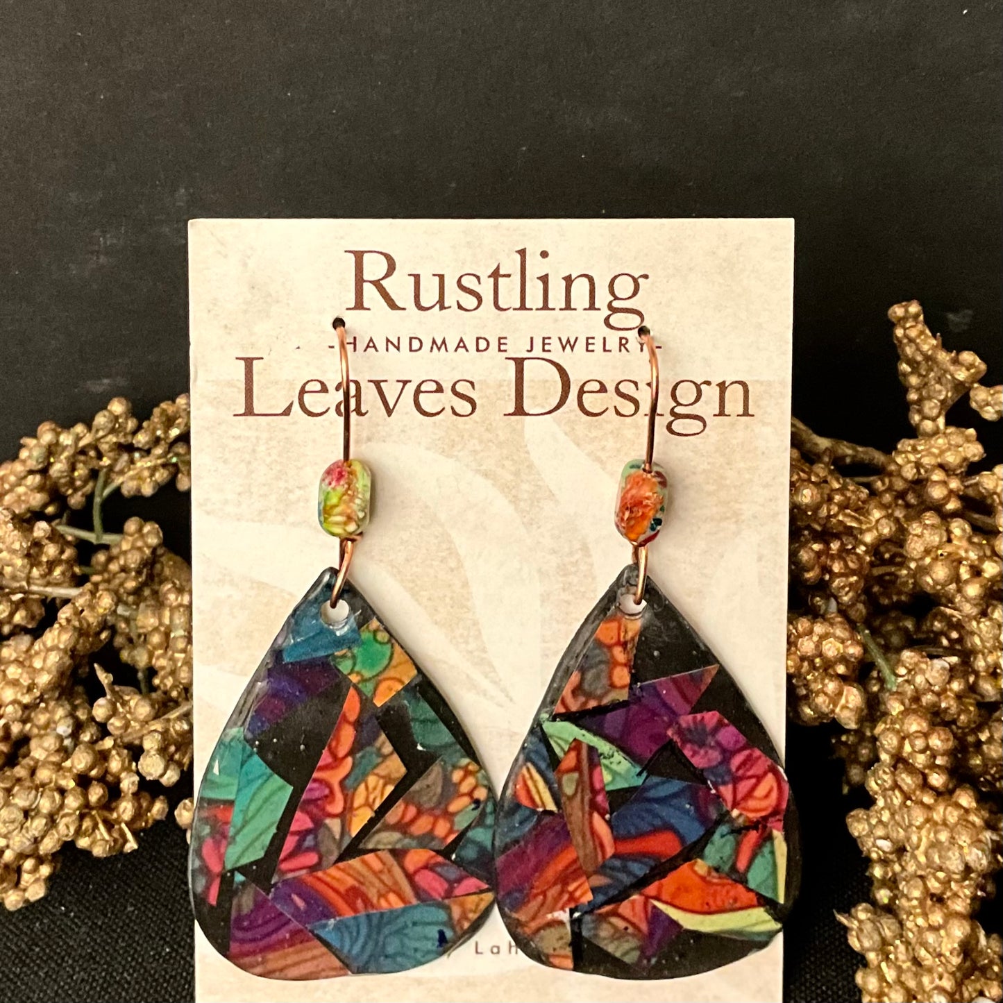 Large Abstract Design Teardrop Earrings with Bead