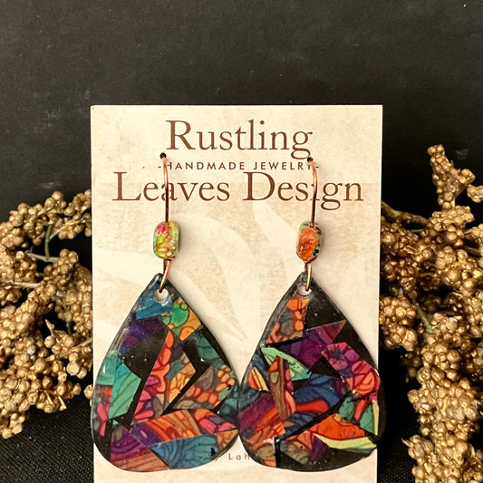 Large Abstract Design Teardrop Earrings with Bead