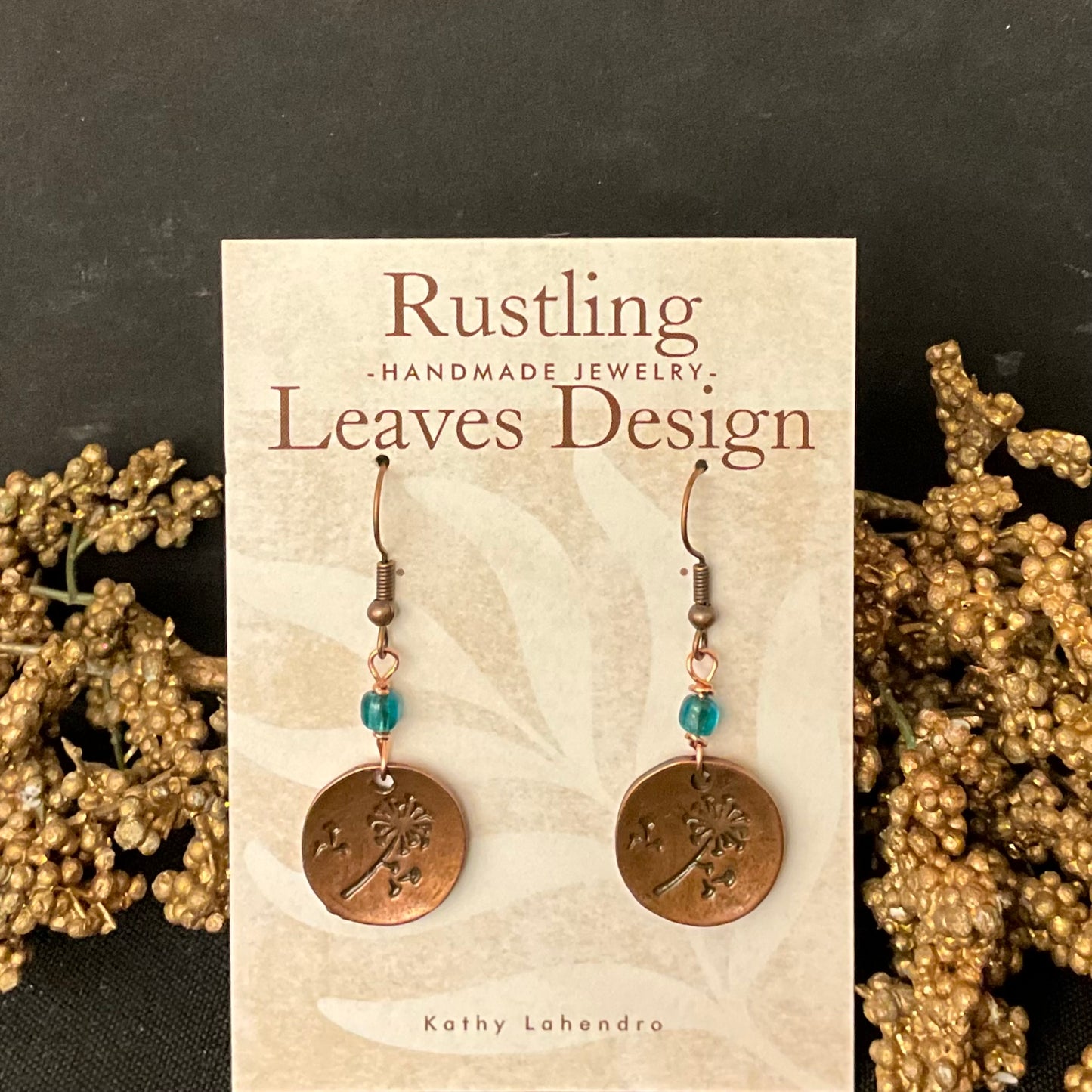 Copper Floral Disc Earrings w Glass Bead