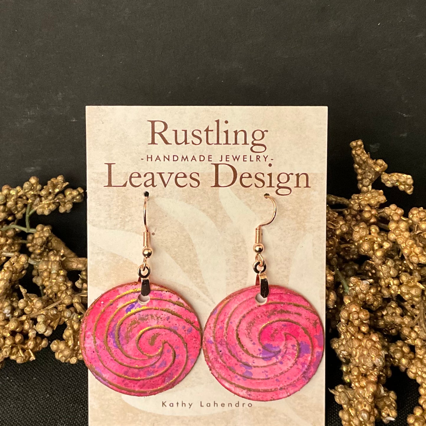 Pink Disc Earrings w Gold Swirl Overlay