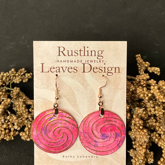 Pink Disc Earrings w Gold Swirl Overlay