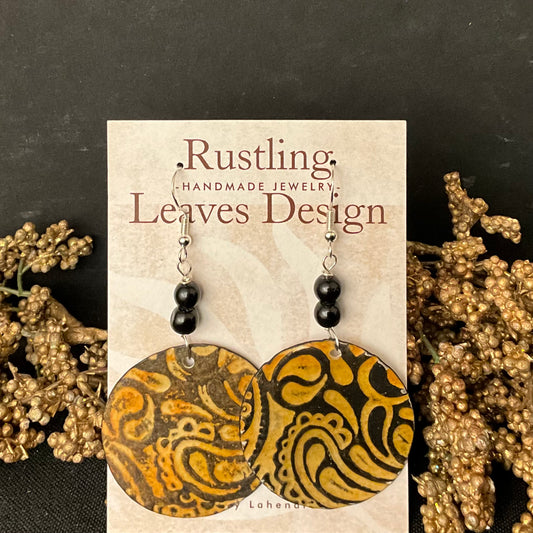 Disc Earrings w Ochre & Black Design & Beads
