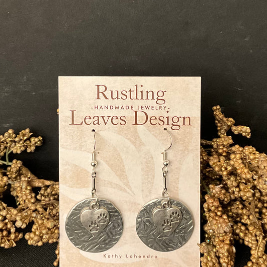 Pewter Disc Earrings w Dog Pawprints Overlay