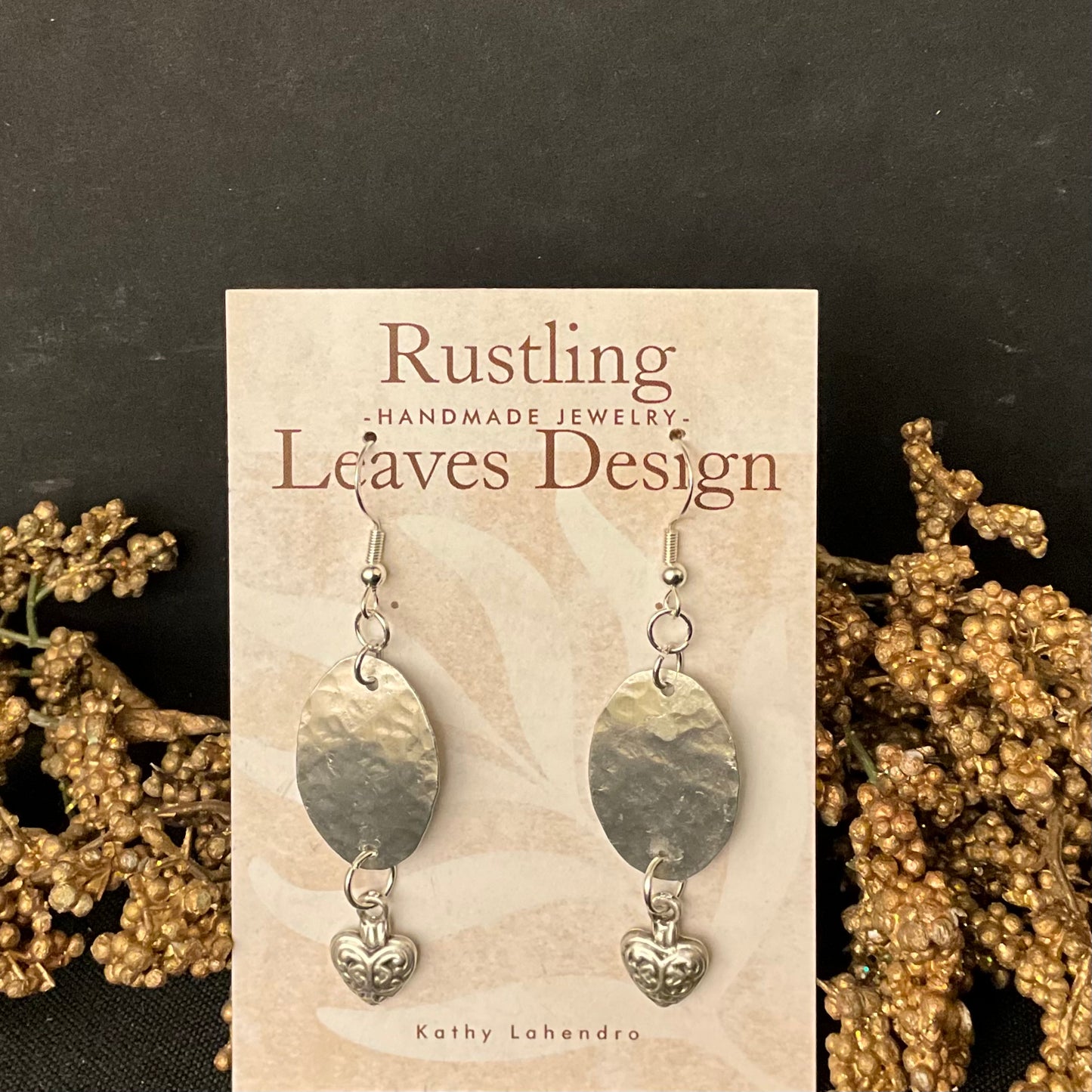 Pewter Oval Earrings w Ornate Heart Drop