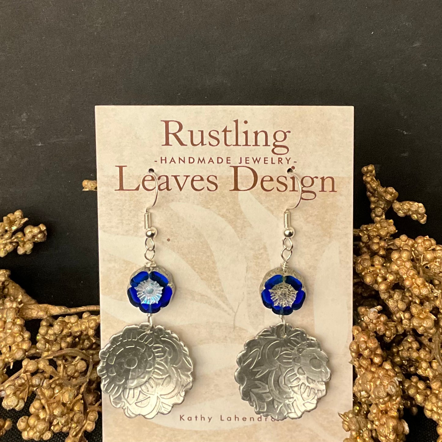 Pewter Disc Earrings with Blue Flower Bead