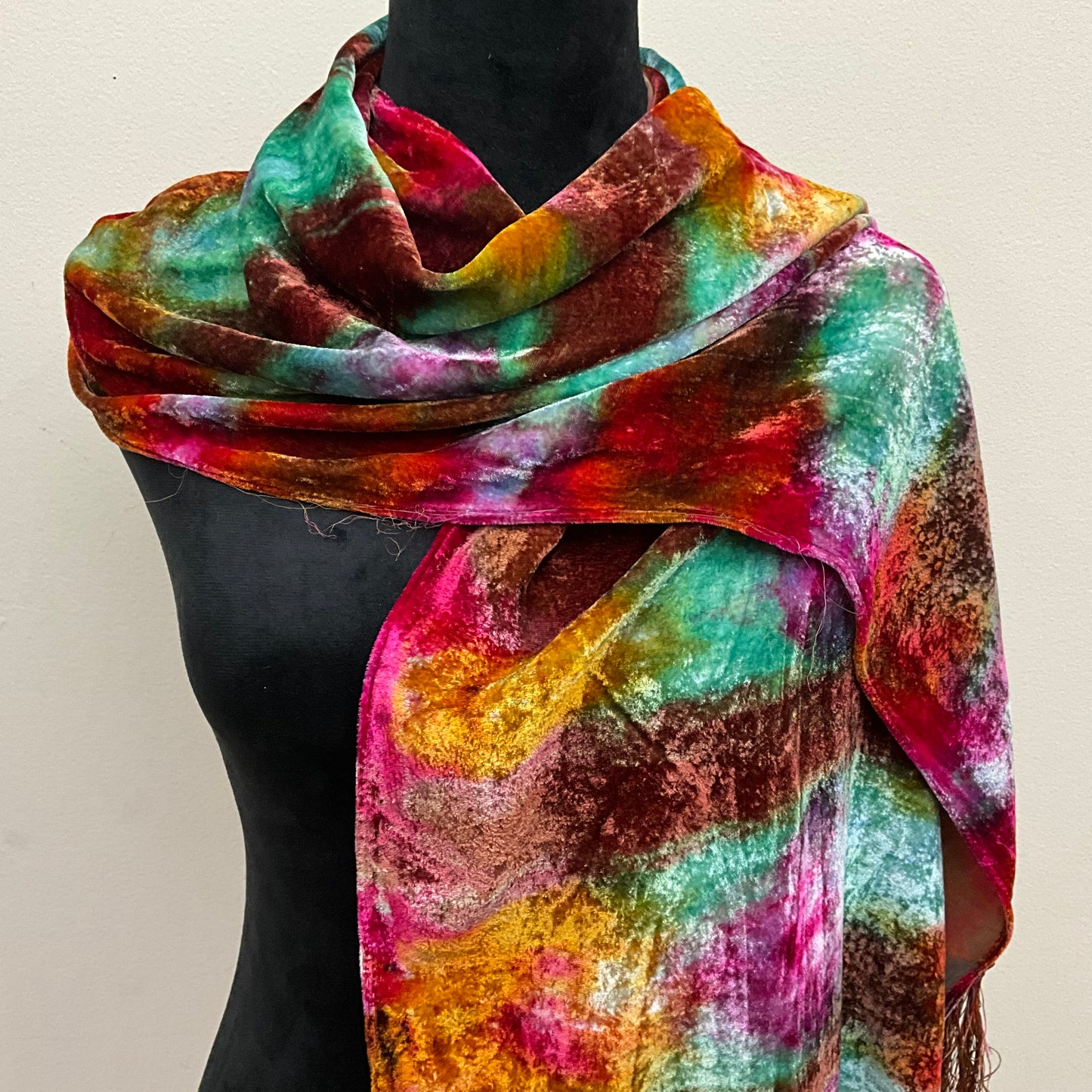 Ice Dyed Velvet Scarf Jade & Berries - Large with Fringe