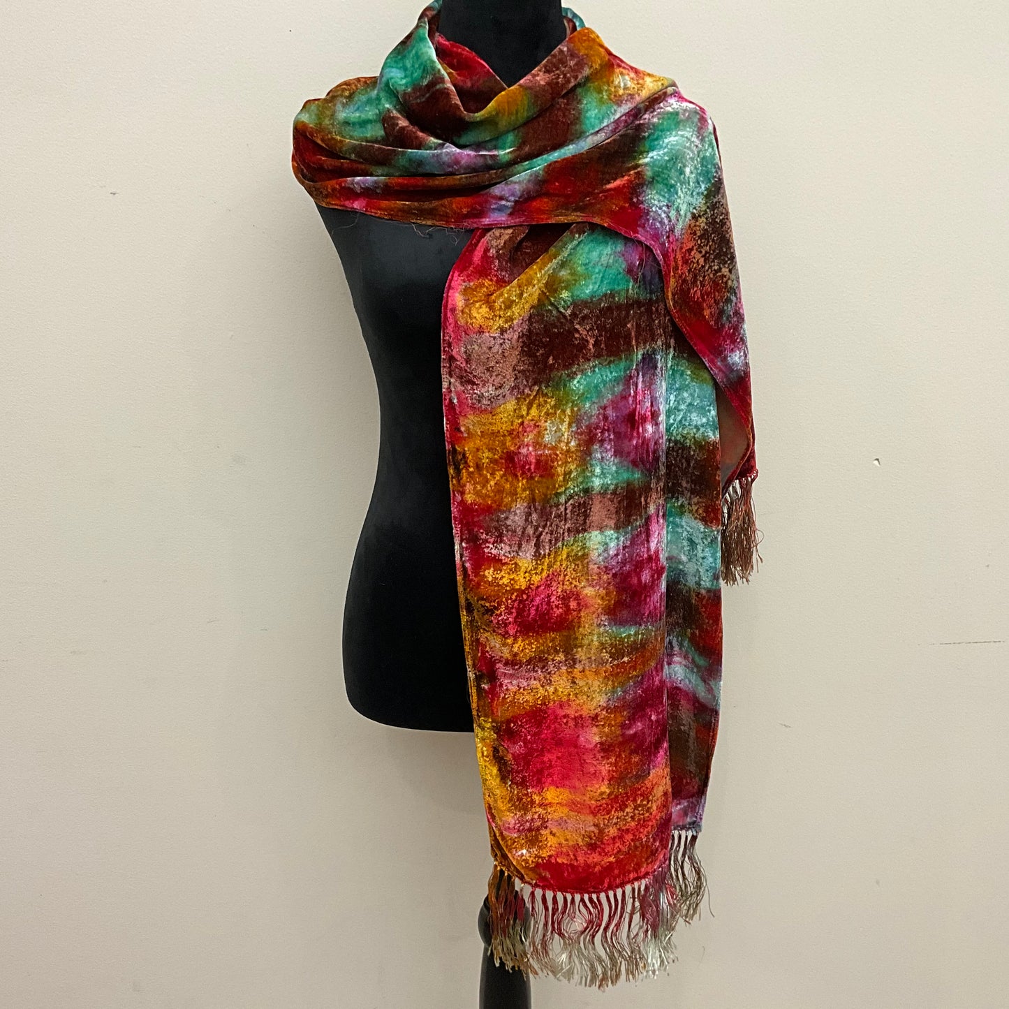 Ice Dyed Velvet Scarf Jade & Berries - Large with Fringe